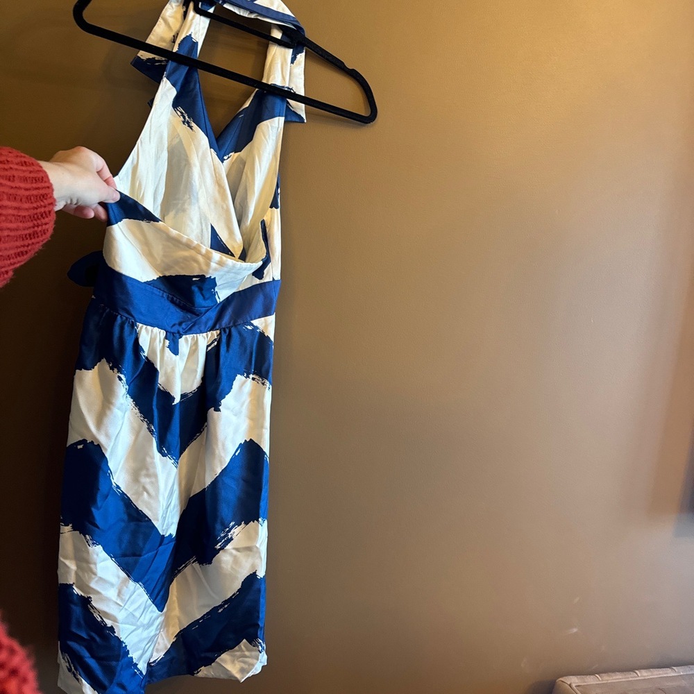 Tibi Peacock Blue Sleeveless Tie Waist Chevron Wrap Dress Size 4 - Picture 3 of 10